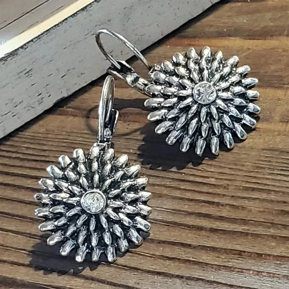 Chrysanthemum Flower Antique Silver Round Art Deco Czech Crystal Earrings